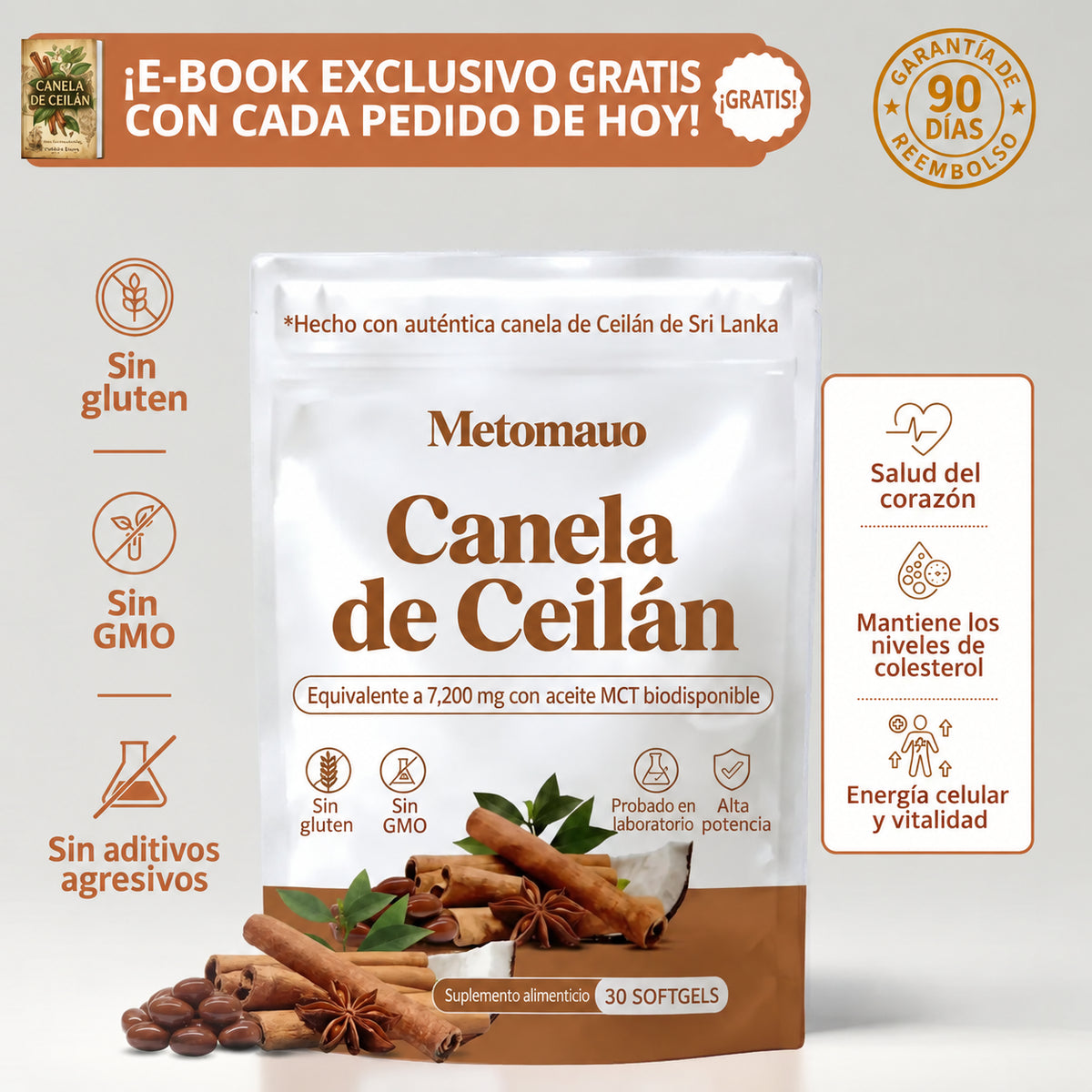 Canela de Ceilán (equivalente a 7200 mg) con aceite MCT
